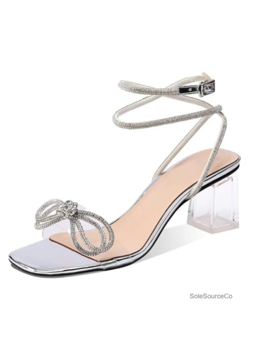 Crystal Bow Heeled Sandals Rhinestone Clear Block Heels Wedding Shoes Women
